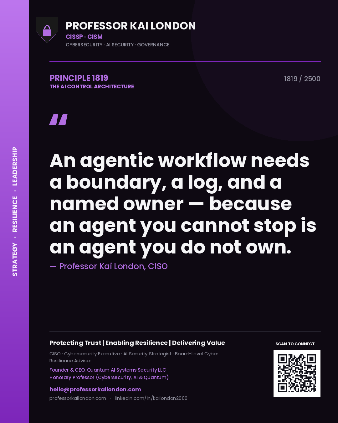 Quote card by Professor Kai London reading 'An agentic workflow needs a boundary, a log, and a named owner — because an agent you cannot stop is an agent you do not own.'. From the book The AI Control Architecture.