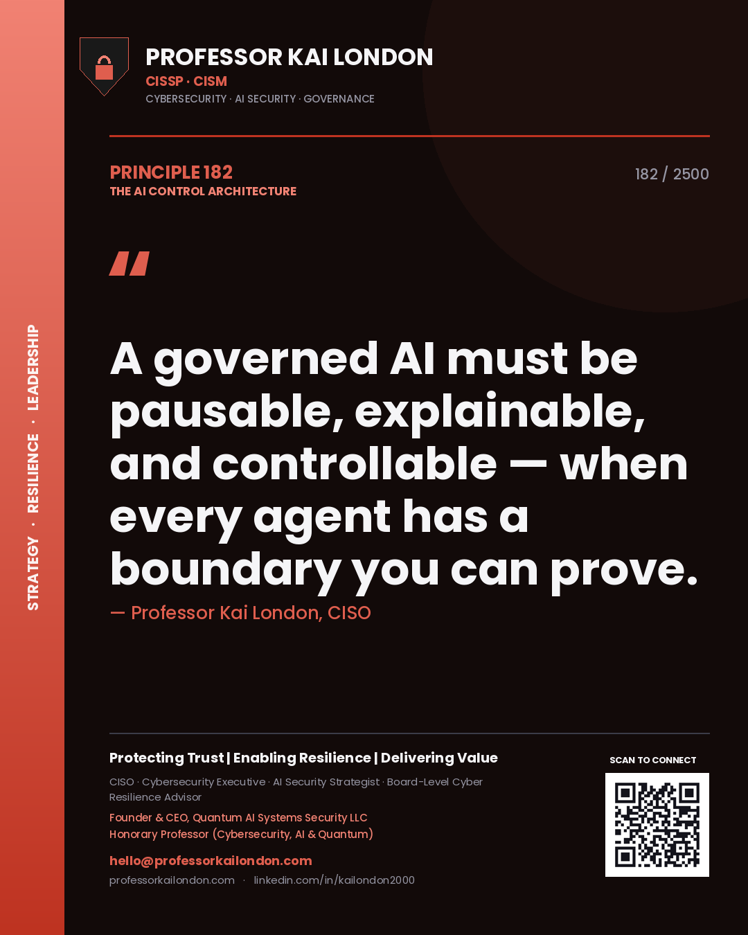 Quote card by Professor Kai London reading 'A governed AI must be pausable, explainable, and controllable — when every agent has a boundary you can prove.'. From the book The AI Control Architecture.