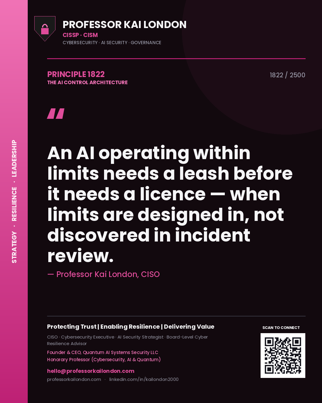 Professor Kai London principle 1822: An AI operating within limits needs a leash before it needs a licence — when limits are designed in, not discovered in incident review.