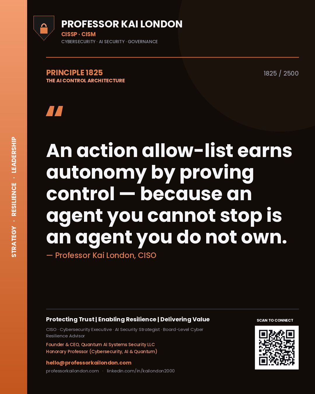 Professor Kai London principle 1825: An action allow-list earns autonomy by proving control — because an agent you cannot stop is an agent you do not own.