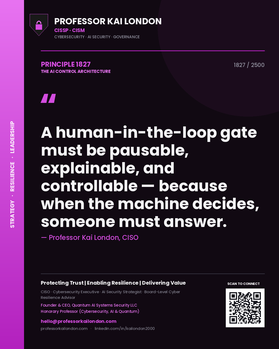Quote card by Professor Kai London reading 'A human-in-the-loop gate must be pausable, explainable, and controllable — because when the machine decides, someone must answer.'. From the book The AI Control Architecture.