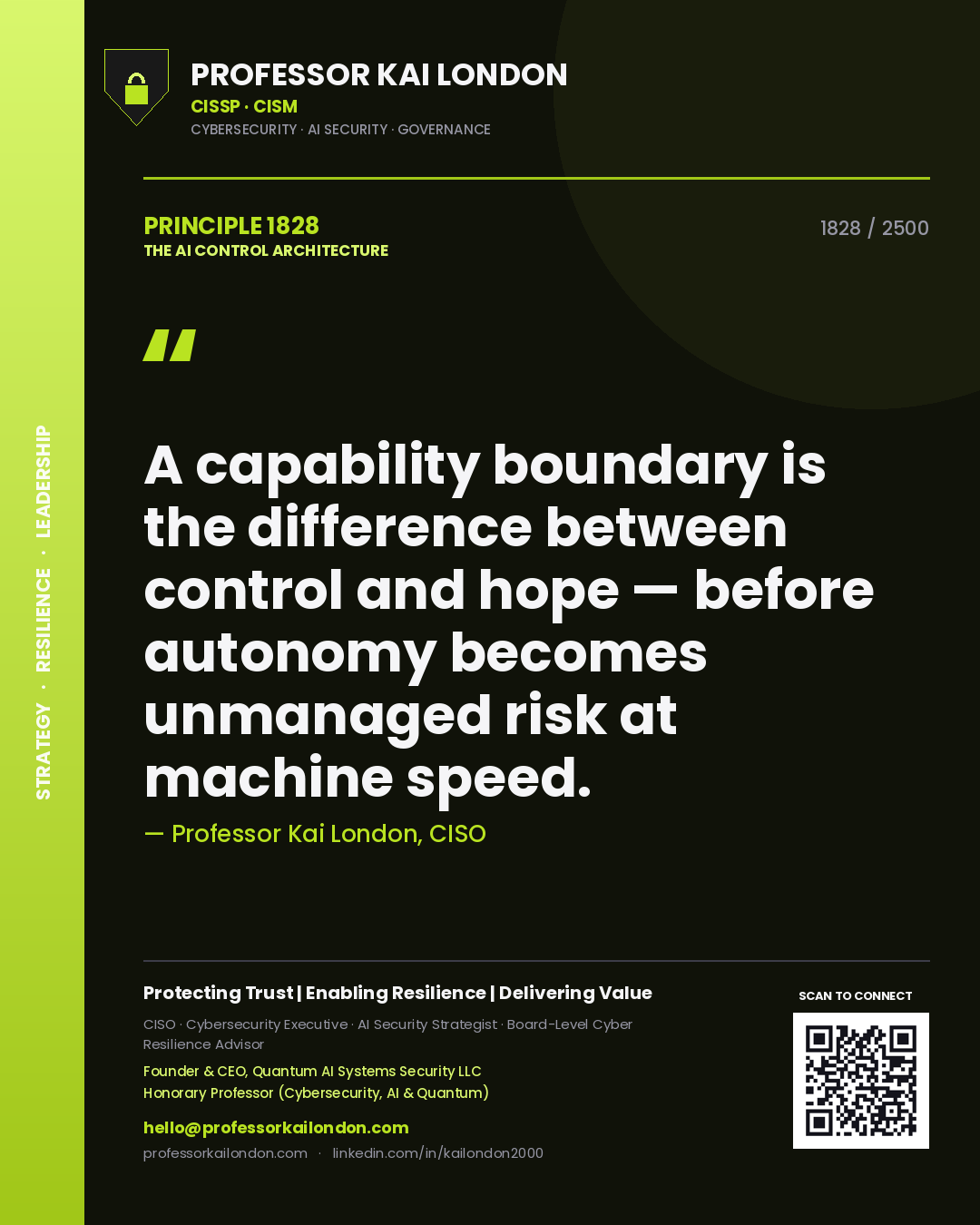 Professor Kai London principle 1828: A capability boundary is the difference between control and hope — before autonomy becomes unmanaged risk at machine speed.
