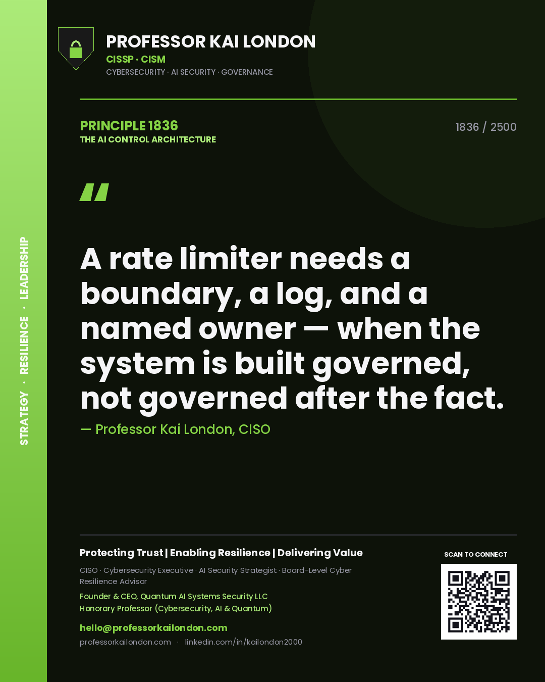 Professor Kai London principle 1836: A rate limiter needs a boundary, a log, and a named owner — when the system is built governed, not governed after the fact.