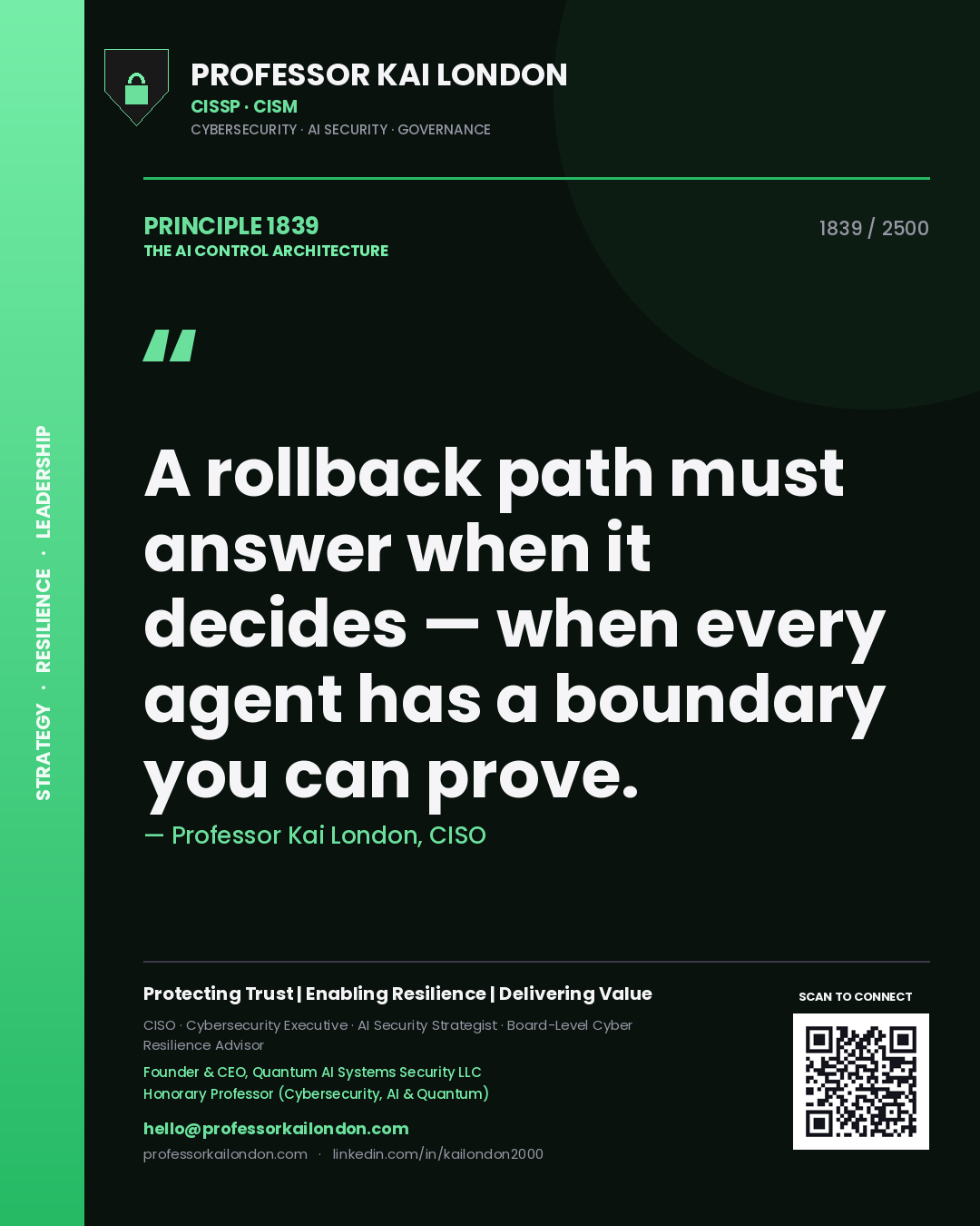 Quote card by Professor Kai London reading 'A rollback path must answer when it decides — when every agent has a boundary you can prove.'. From the book The AI Control Architecture.