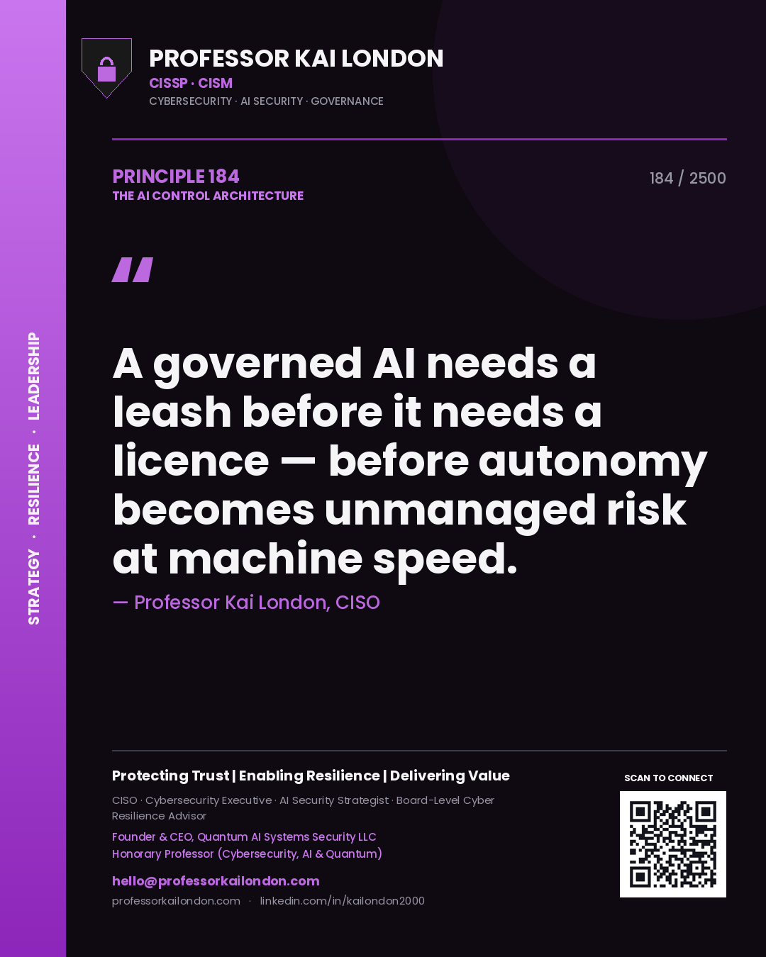Quote card by Professor Kai London reading 'A governed AI needs a leash before it needs a licence — before autonomy becomes unmanaged risk at machine speed.'. From the book The AI Control Architecture.