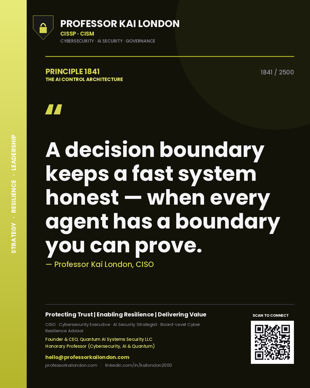 Quote card by Professor Kai London reading 'A decision boundary keeps a fast system honest — when every agent has a boundary you can prove.'. From the book The AI Control Architecture.