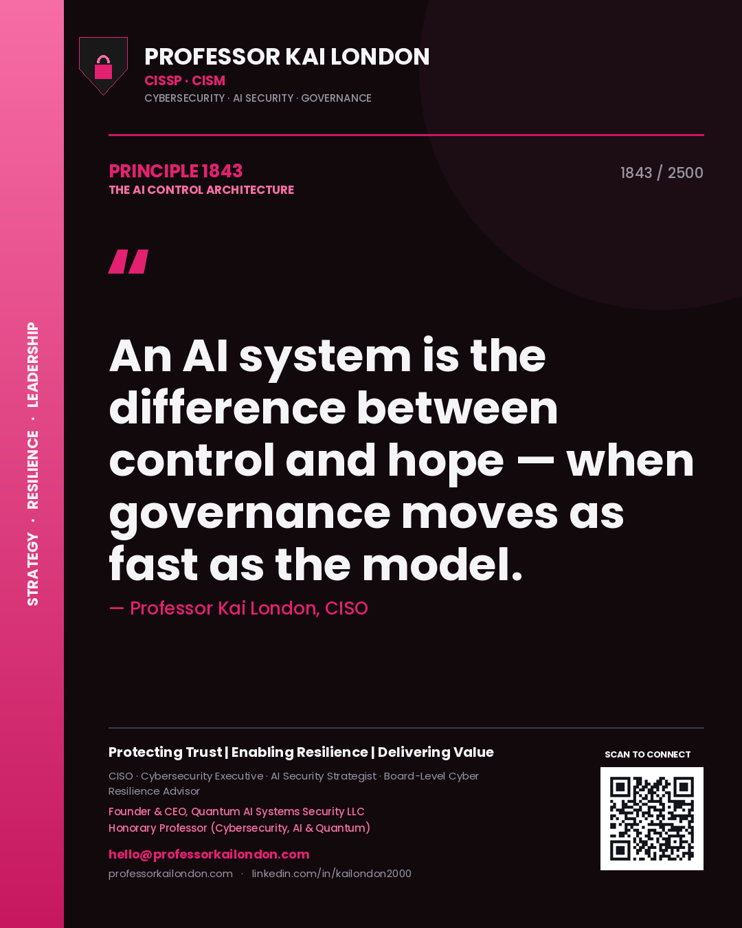 Quote card by Professor Kai London reading 'An AI system is the difference between control and hope — when governance moves as fast as the model.'. From the book The AI Control Architecture.