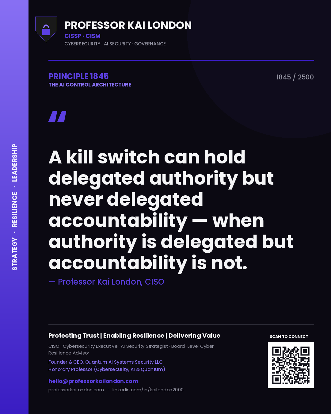 Quote card by Professor Kai London reading 'A kill switch can hold delegated authority but never delegated accountability — when authority is delegated but accountability is not.'. From the book The AI Control Architecture.