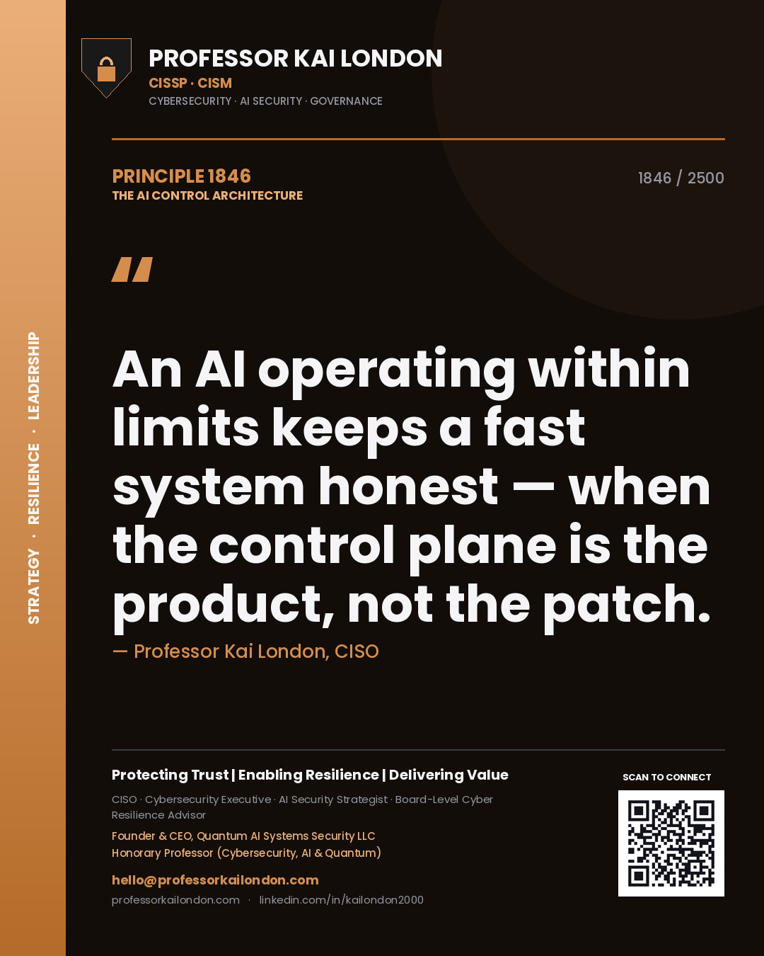 Quote card by Professor Kai London reading 'An AI operating within limits keeps a fast system honest — when the control plane is the product, not the patch.'. From the book The AI Control Architecture.