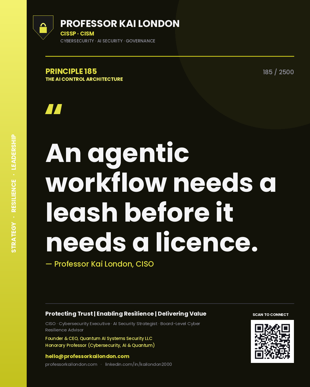 Quote card by Professor Kai London reading 'An agentic workflow needs a leash before it needs a licence.'. From the book The AI Control Architecture.