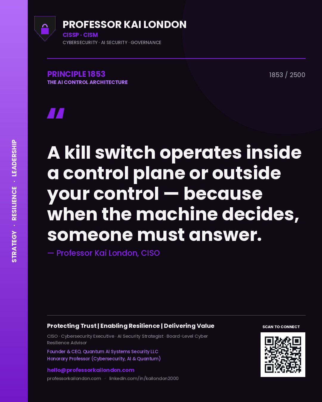 Professor Kai London principle 1853: A kill switch operates inside a control plane or outside your control — because when the machine decides, someone must answer.