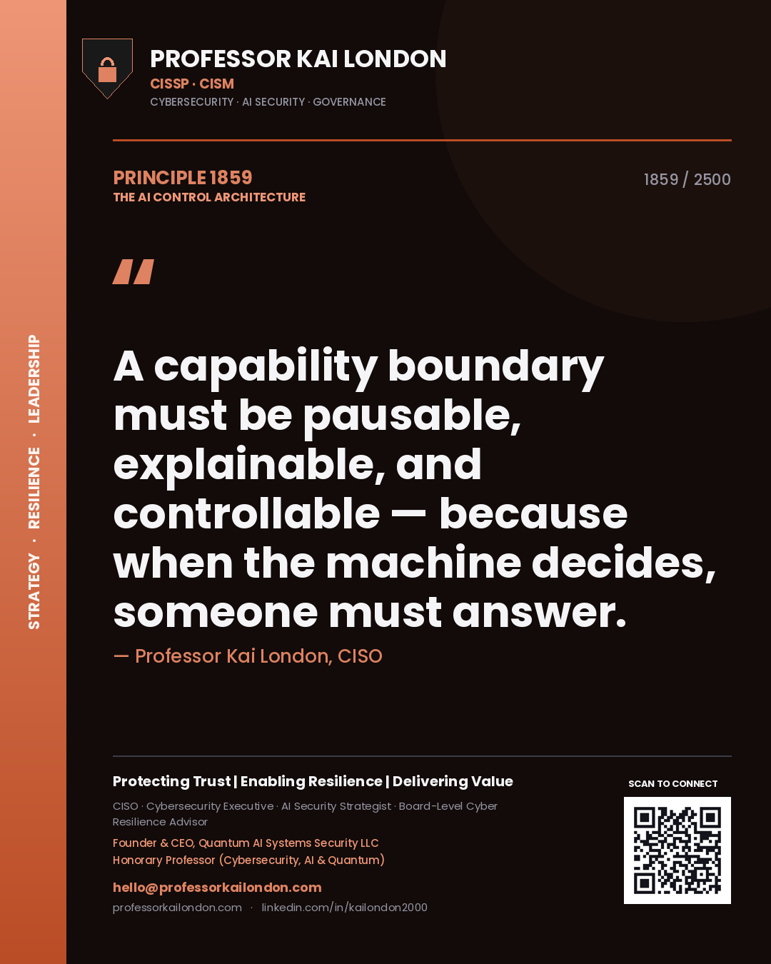 Professor Kai London principle 1859: A capability boundary must be pausable, explainable, and controllable — because when the machine decides, someone must answer.