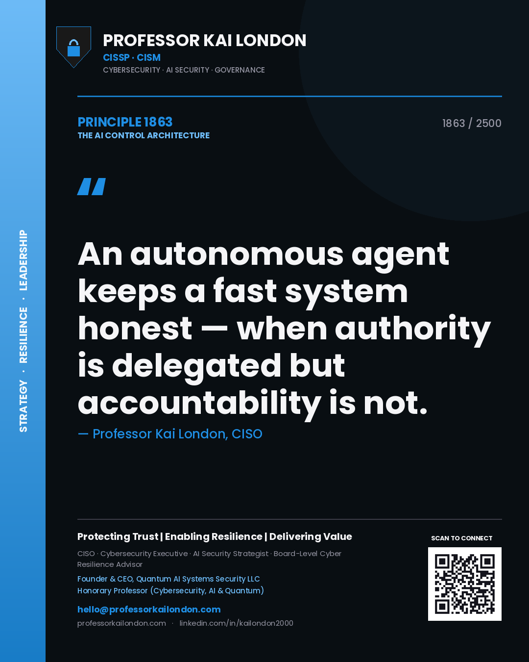 Quote card by Professor Kai London reading 'An autonomous agent keeps a fast system honest — when authority is delegated but accountability is not.'. From the book The AI Control Architecture.