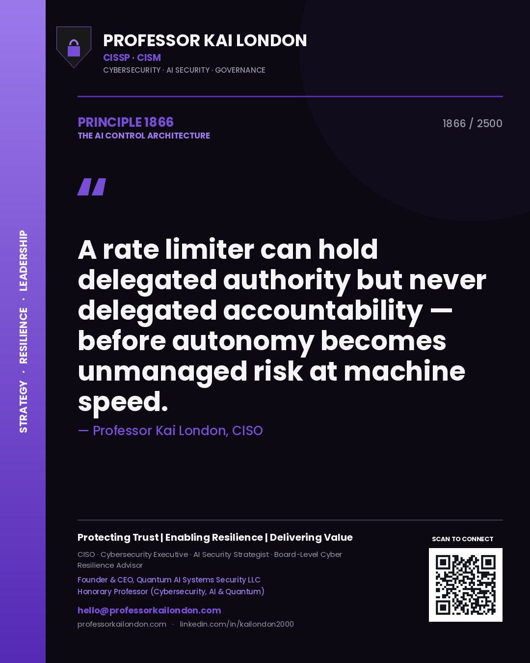 Professor Kai London principle 1866: A rate limiter can hold delegated authority but never delegated accountability — before autonomy becomes unmanaged risk at machine speed.