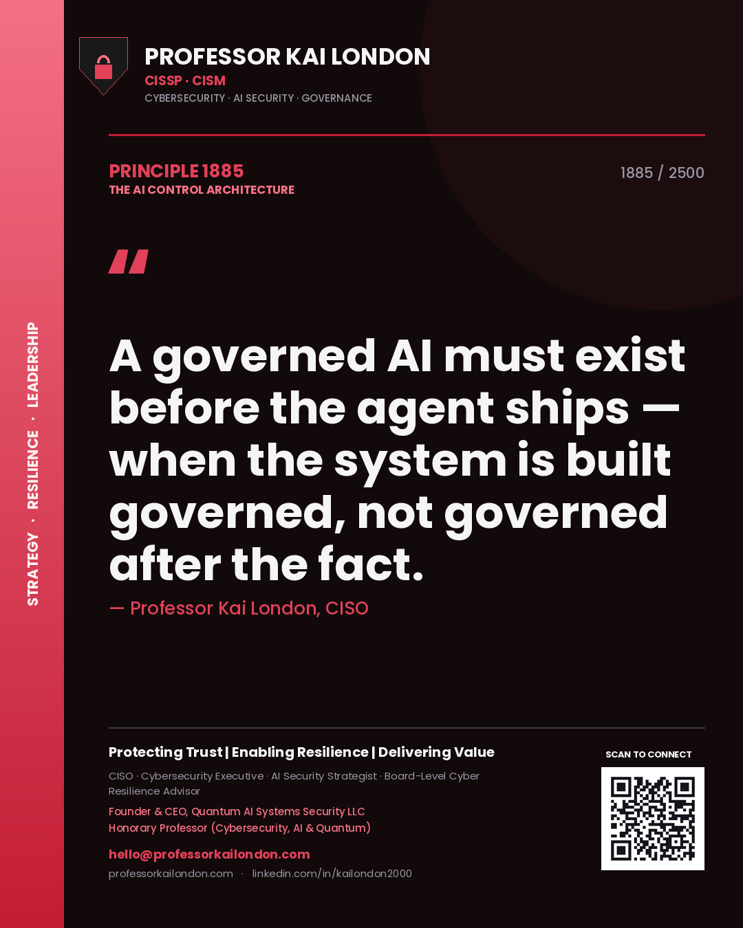 Quote card by Professor Kai London reading 'A governed AI must exist before the agent ships — when the system is built governed, not governed after the fact.'. From the book The AI Control Architecture.