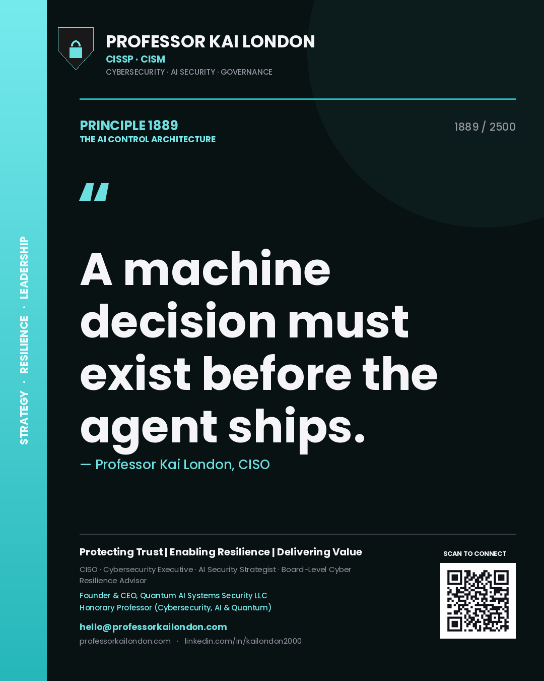 Quote card by Professor Kai London reading 'A machine decision must exist before the agent ships.'. From the book The AI Control Architecture.