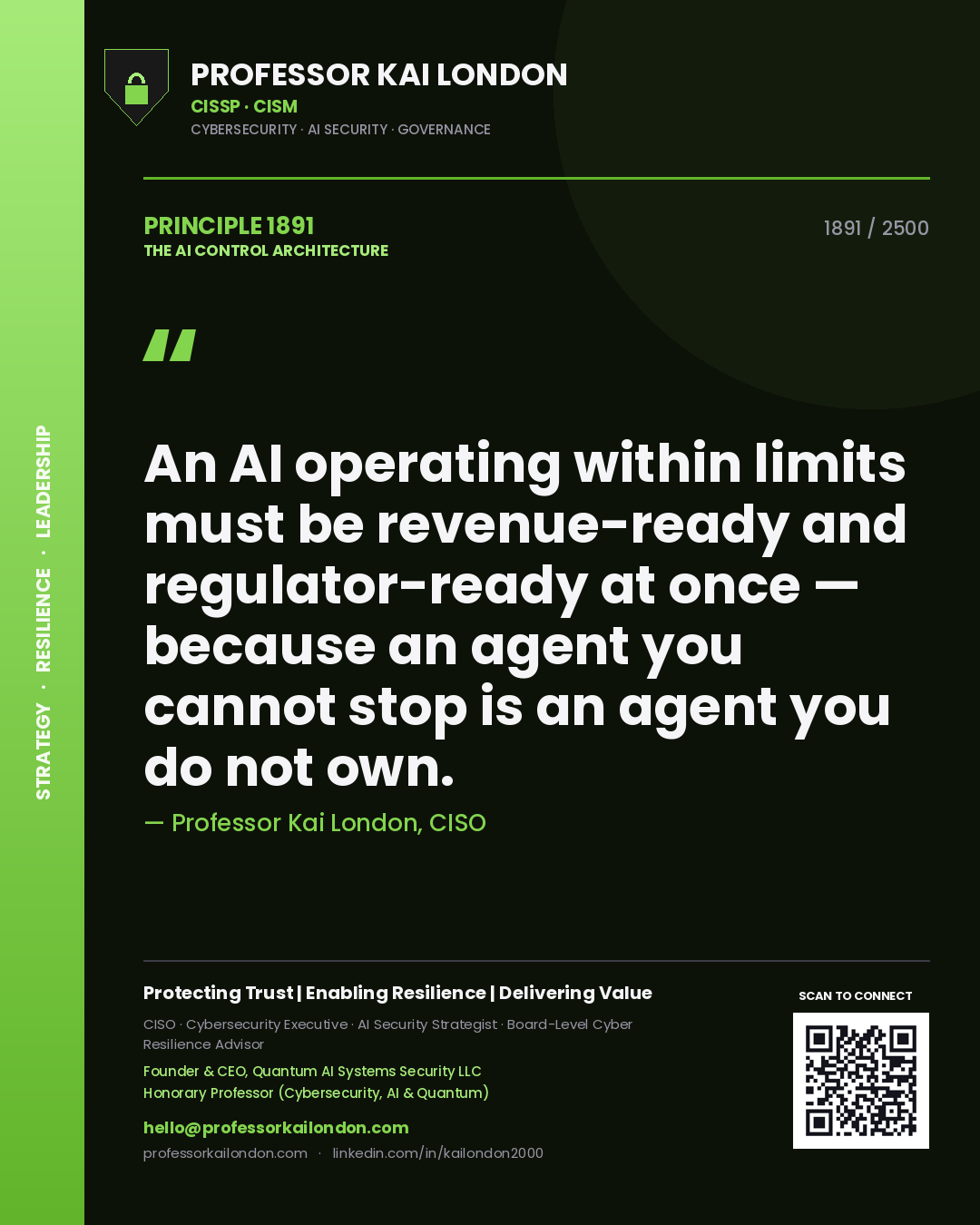 Quote card by Professor Kai London reading 'An AI operating within limits must be revenue-ready and regulator-ready at once — because an agent you cannot stop is an agent you do not own.'. From the book The AI Control Architecture.