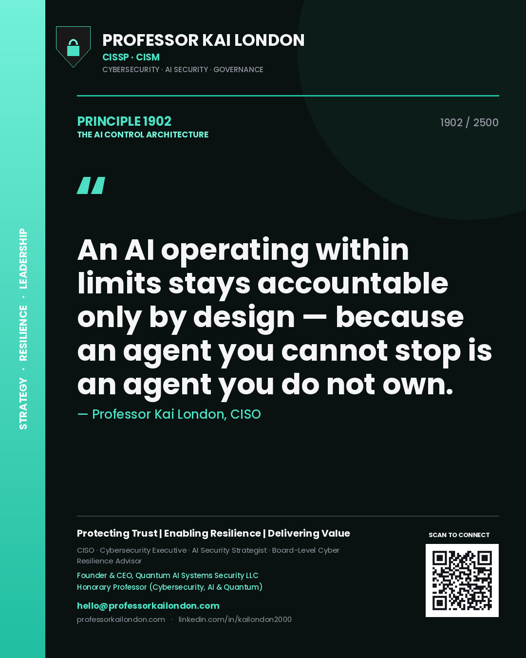 Quote card by Professor Kai London reading 'An AI operating within limits stays accountable only by design — because an agent you cannot stop is an agent you do not own.'. From the book The AI Control Architecture.