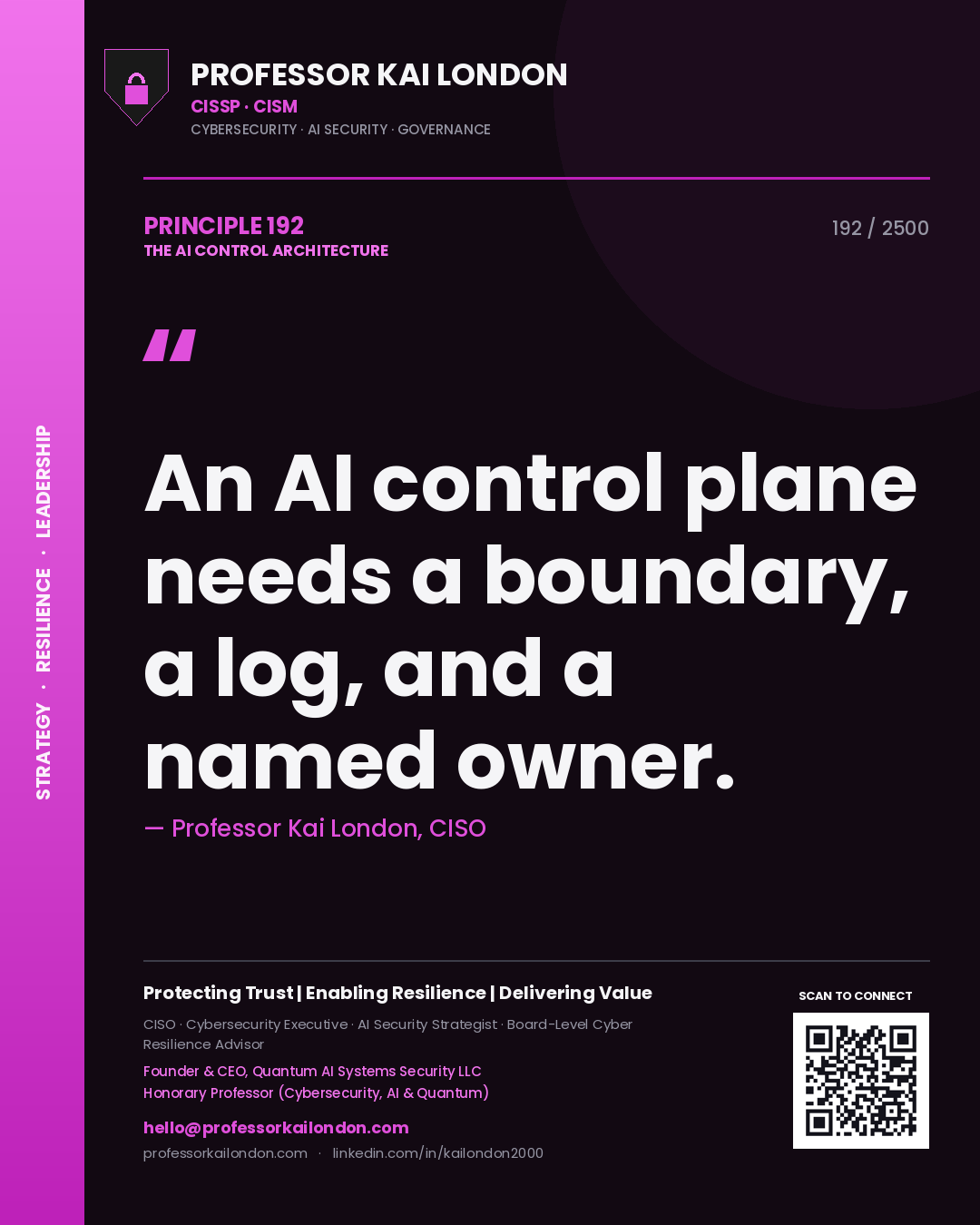 Quote card by Professor Kai London reading 'An AI control plane needs a boundary, a log, and a named owner.'. From the book The AI Control Architecture.