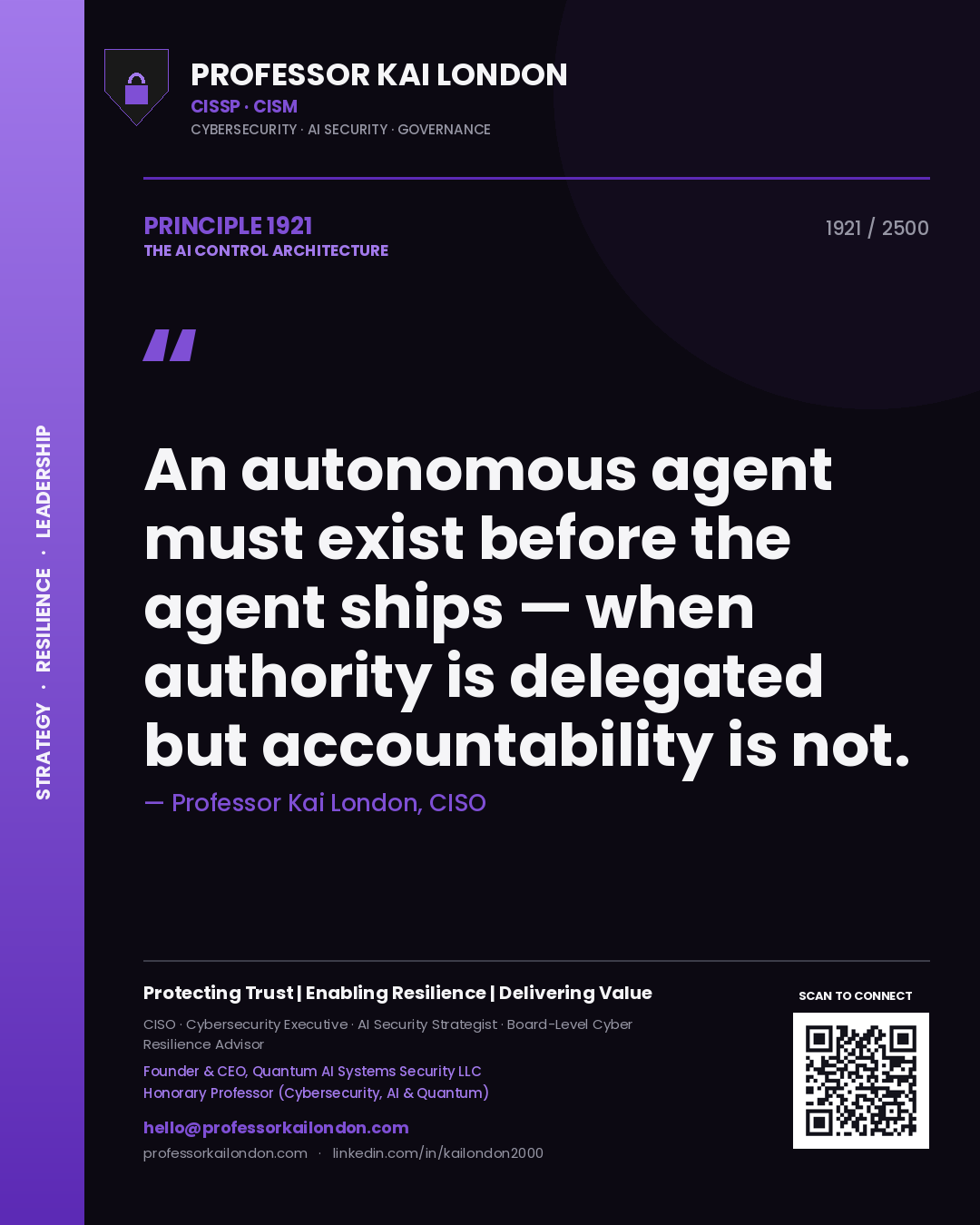 Quote card by Professor Kai London reading 'An autonomous agent must exist before the agent ships — when authority is delegated but accountability is not.'. From the book The AI Control Architecture.
