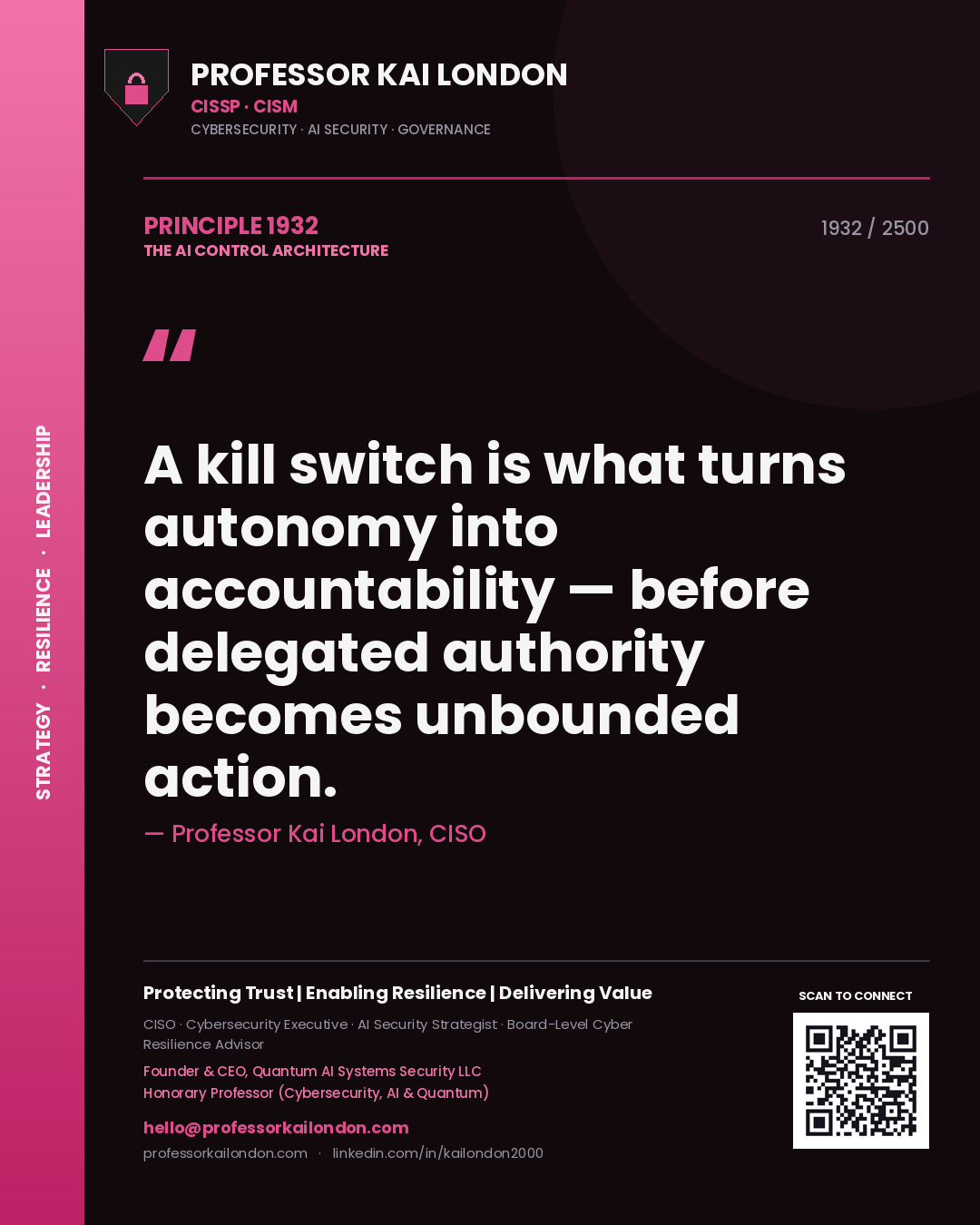 Professor Kai London principle 1932: A kill switch is what turns autonomy into accountability — before delegated authority becomes unbounded action.