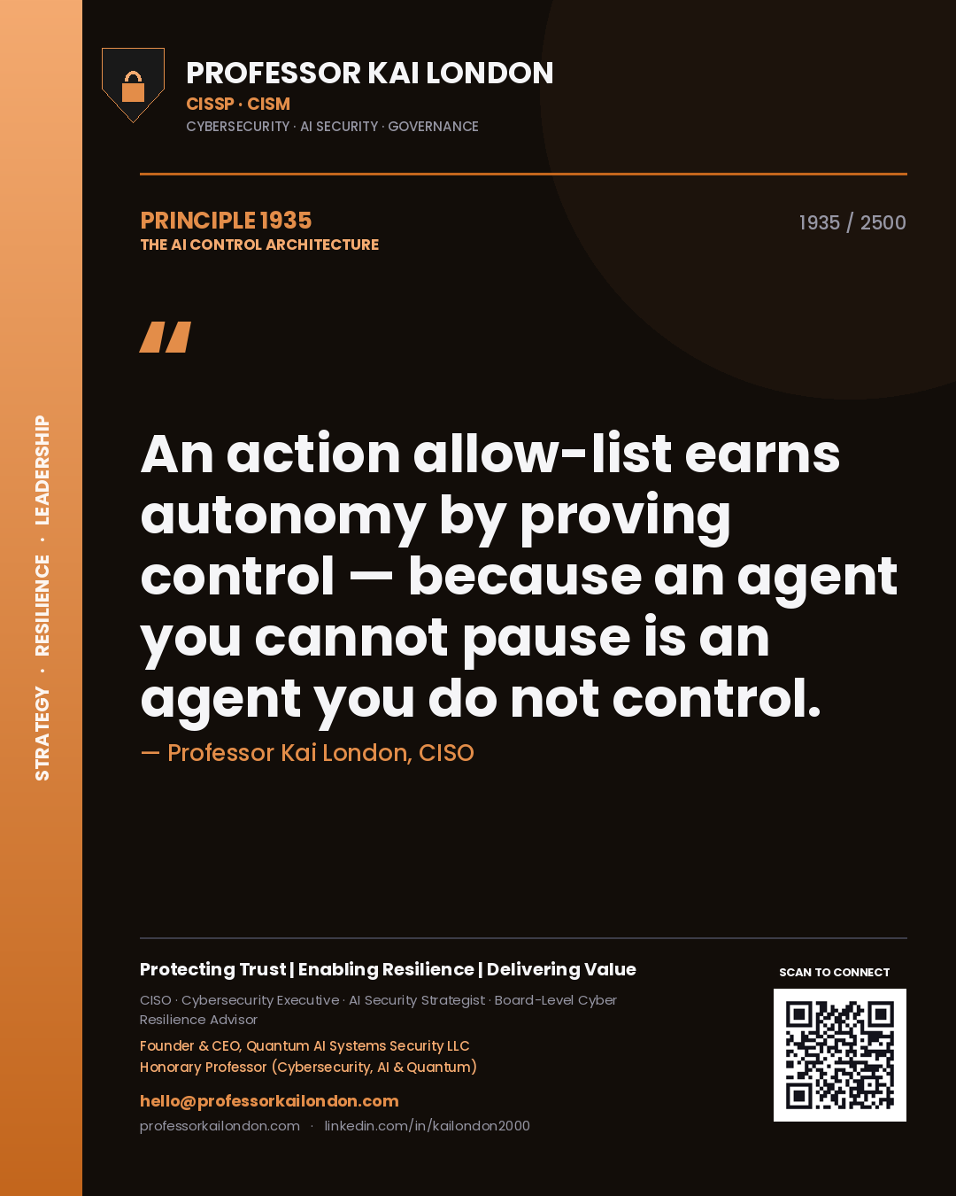 Professor Kai London principle 1935: An action allow-list earns autonomy by proving control — because an agent you cannot pause is an agent you do not control.