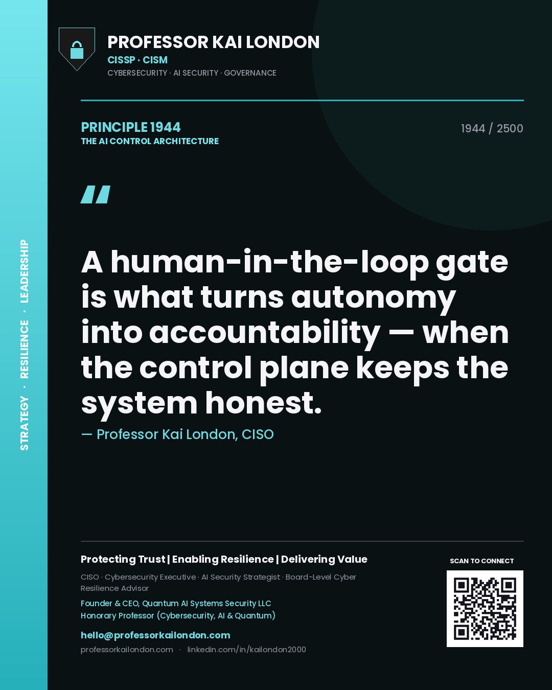 Professor Kai London principle 1944: A human-in-the-loop gate is what turns autonomy into accountability — when the control plane keeps the system honest.