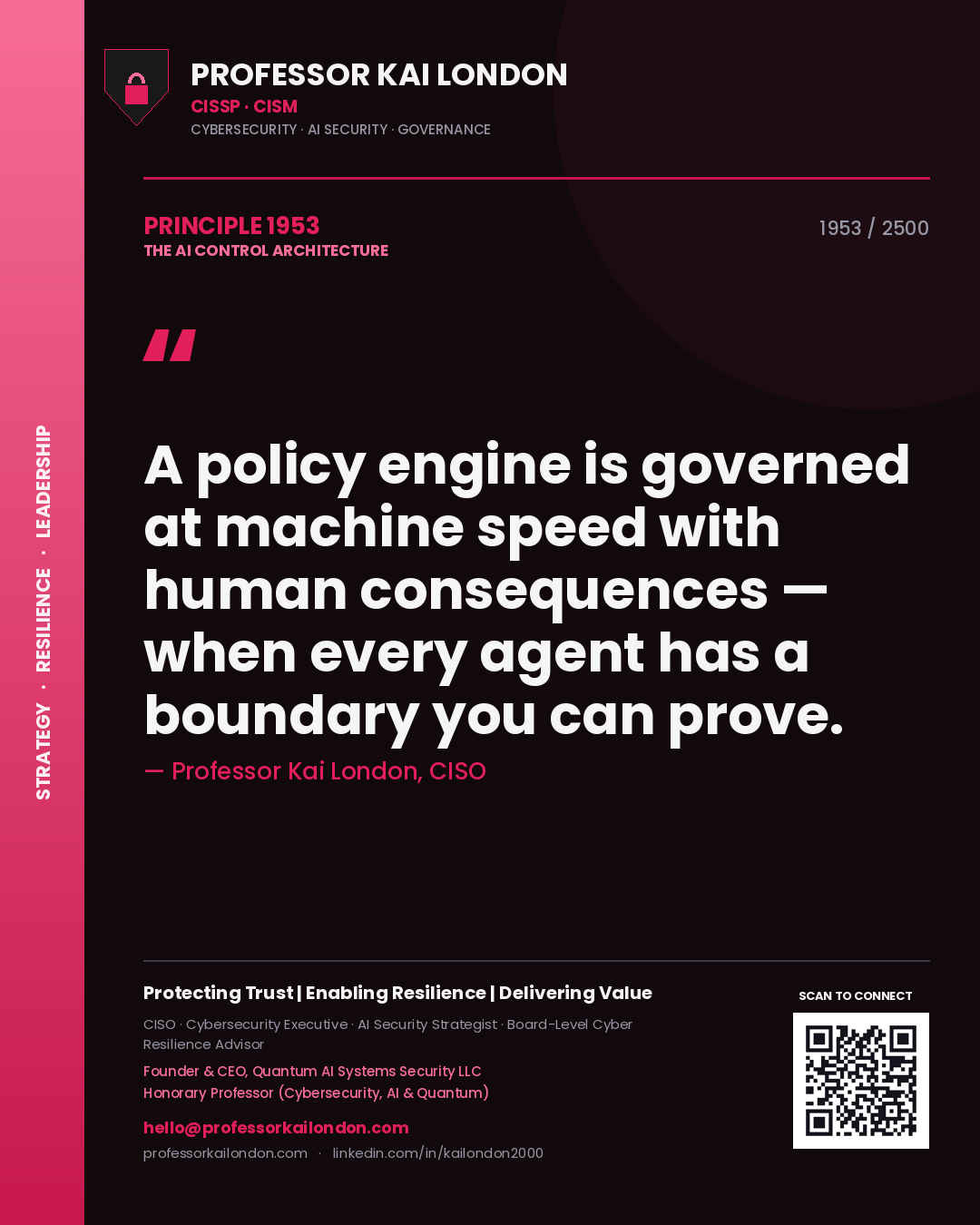 Professor Kai London principle 1953: A policy engine is governed at machine speed with human consequences — when every agent has a boundary you can prove.