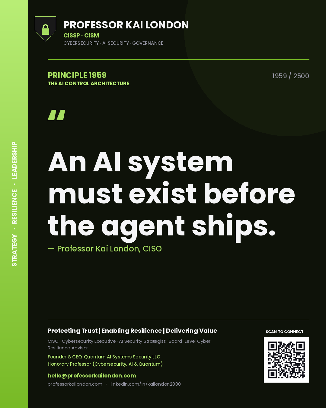 Quote card by Professor Kai London reading 'An AI system must exist before the agent ships.'. From the book The AI Control Architecture.