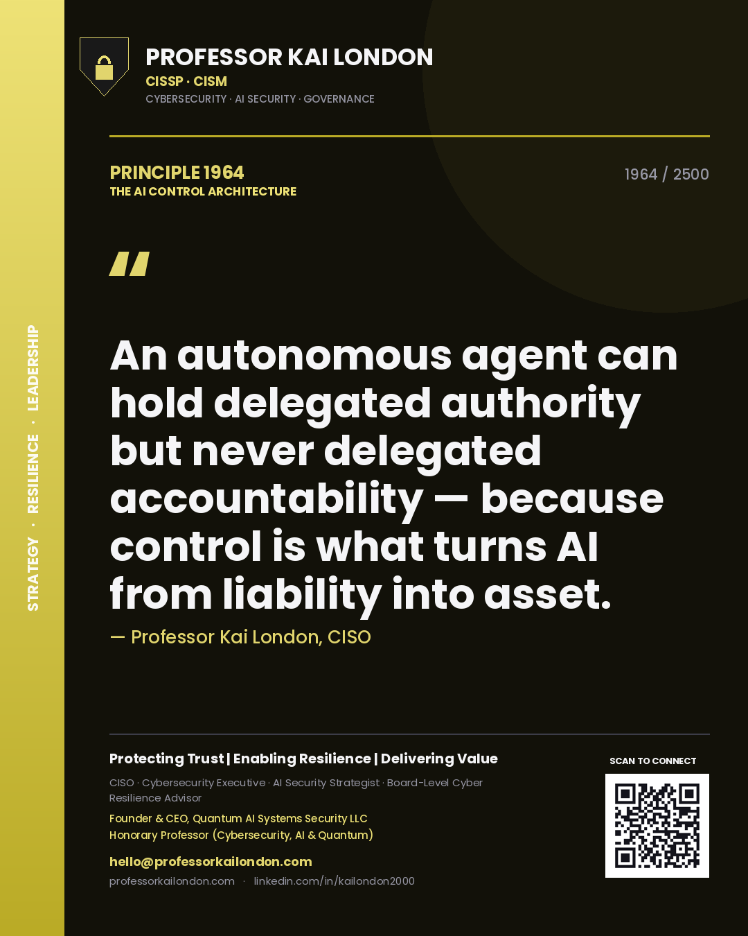 Professor Kai London principle 1964: An autonomous agent can hold delegated authority but never delegated accountability — because control is what turns AI from liability into asset.