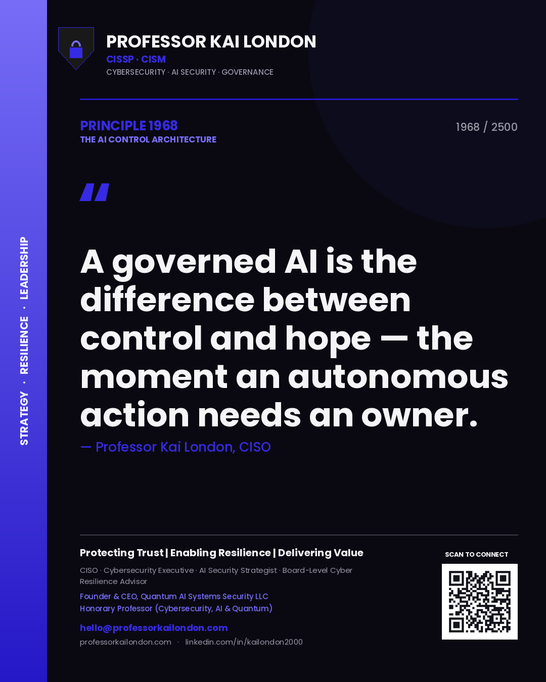 Professor Kai London principle 1968: A governed AI is the difference between control and hope — the moment an autonomous action needs an owner.