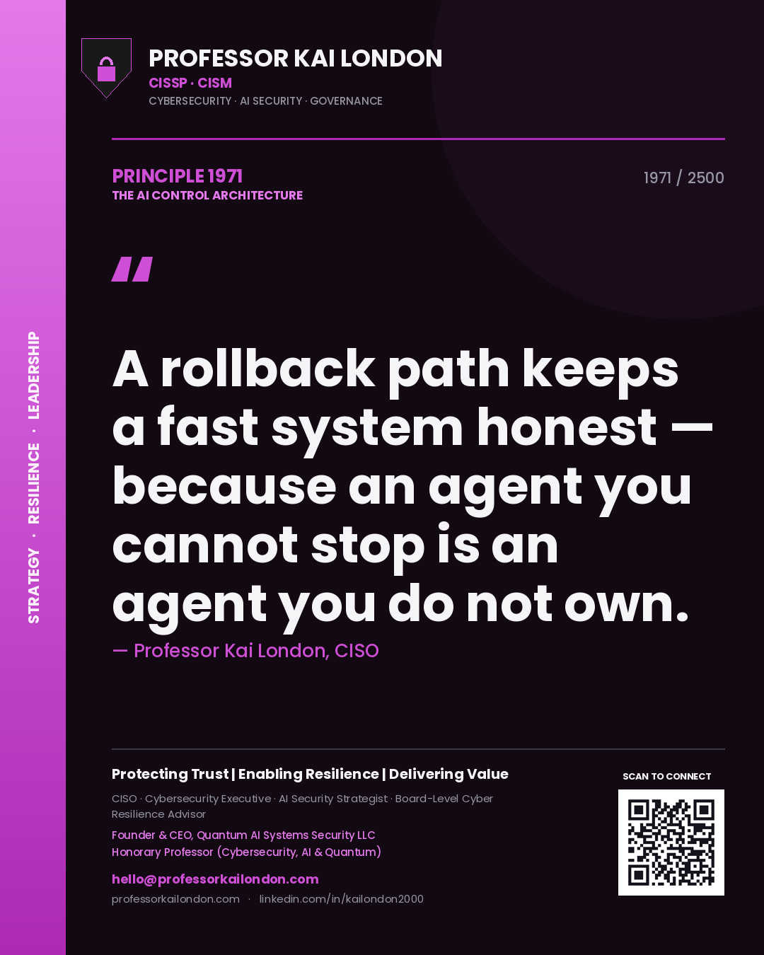 Professor Kai London principle 1971: A rollback path keeps a fast system honest — because an agent you cannot stop is an agent you do not own.