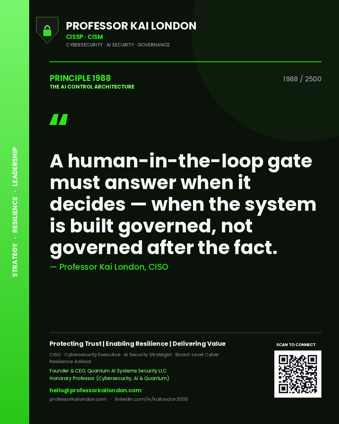 Professor Kai London principle 1988: A human-in-the-loop gate must answer when it decides — when the system is built governed, not governed after the fact.