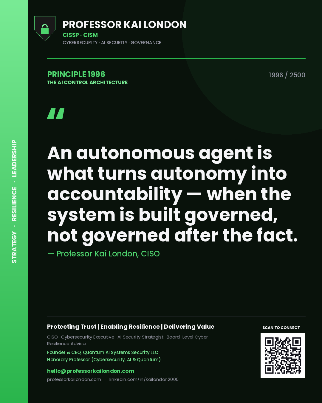 Quote card by Professor Kai London reading 'An autonomous agent is what turns autonomy into accountability — when the system is built governed, not governed after the fact.'. From the book The AI Control Architecture.