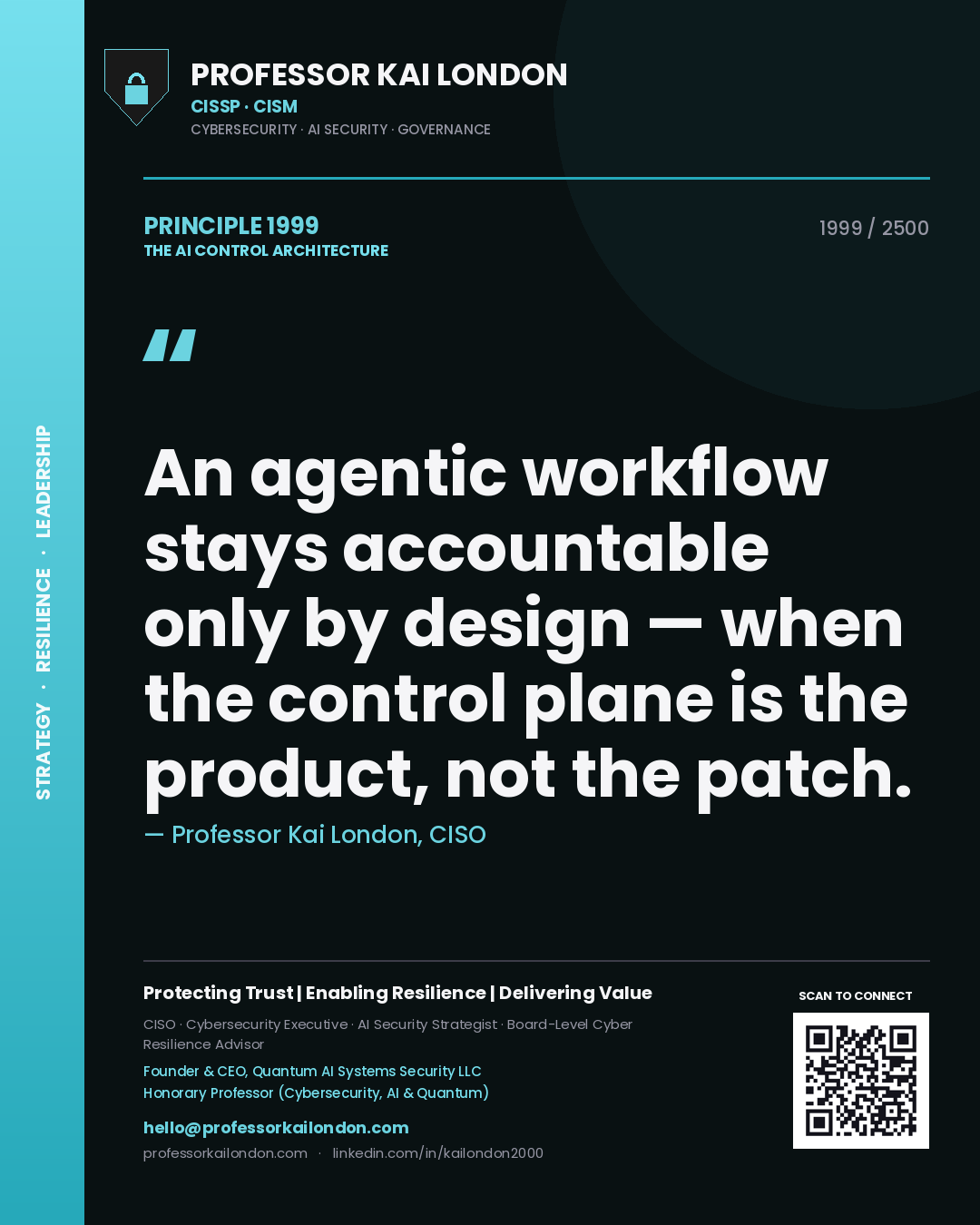 Professor Kai London principle 1999: An agentic workflow stays accountable only by design — when the control plane is the product, not the patch.