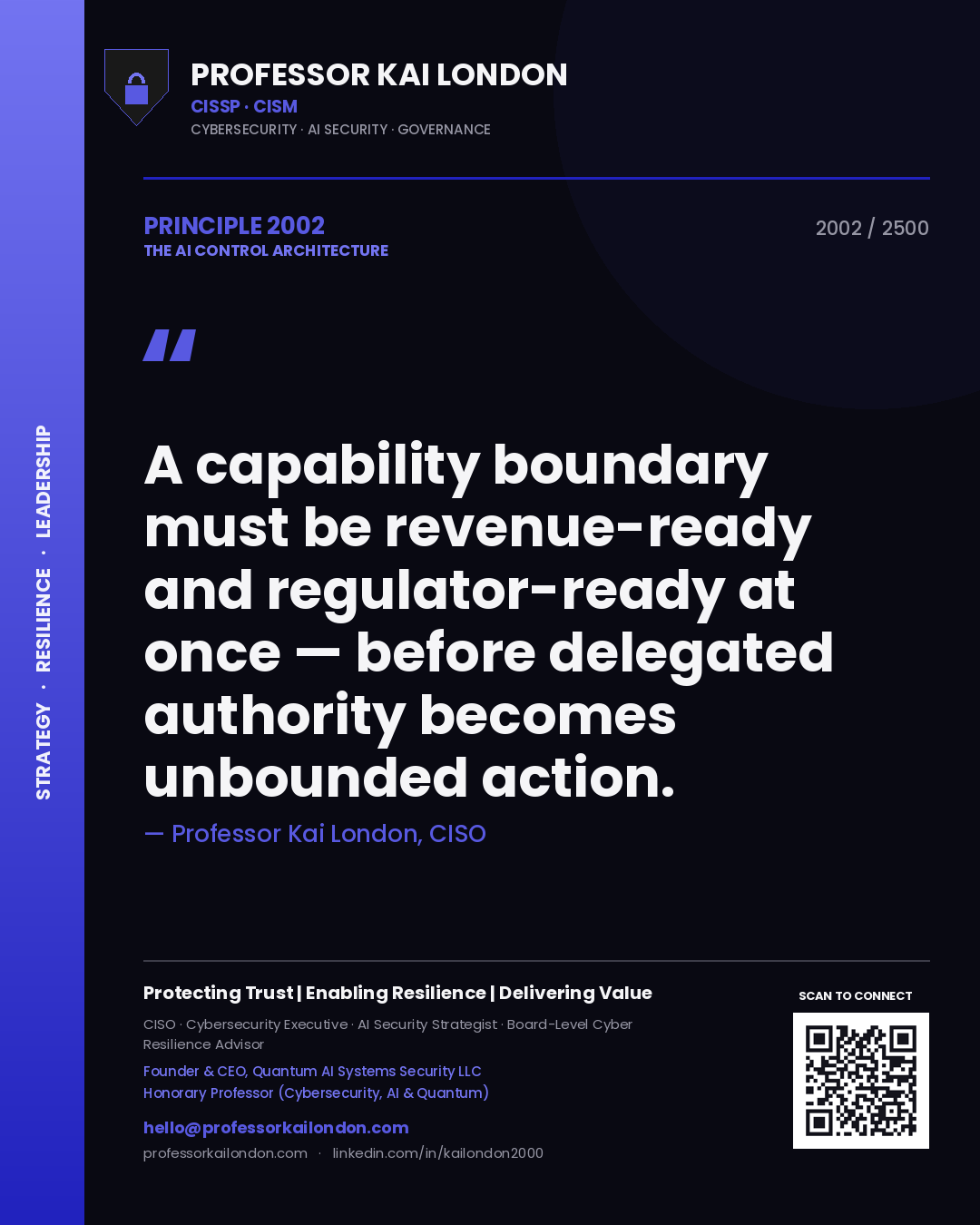 Quote card by Professor Kai London reading 'A capability boundary must be revenue-ready and regulator-ready at once — before delegated authority becomes unbounded action.'. From the book The AI Control Architecture.