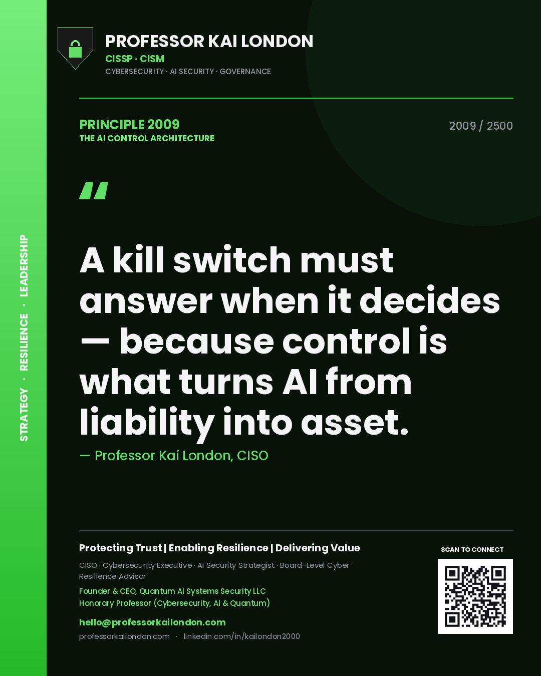 Quote card by Professor Kai London reading 'A kill switch must answer when it decides — because control is what turns AI from liability into asset.'. From the book The AI Control Architecture.