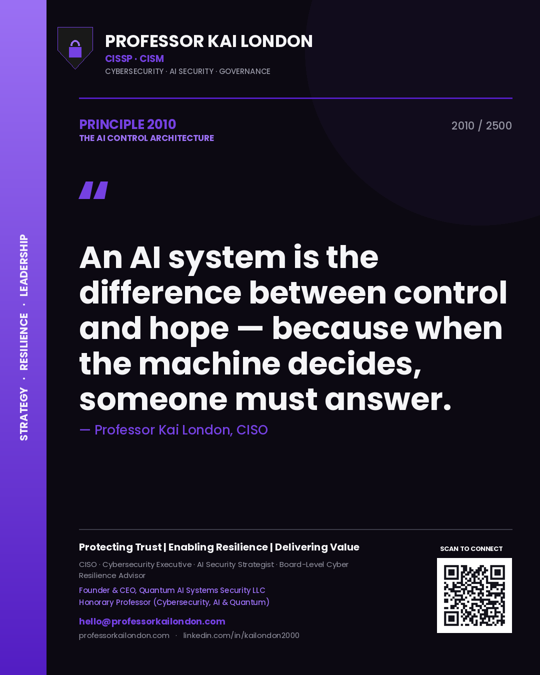 Professor Kai London principle 2010: An AI system is the difference between control and hope — because when the machine decides, someone must answer.