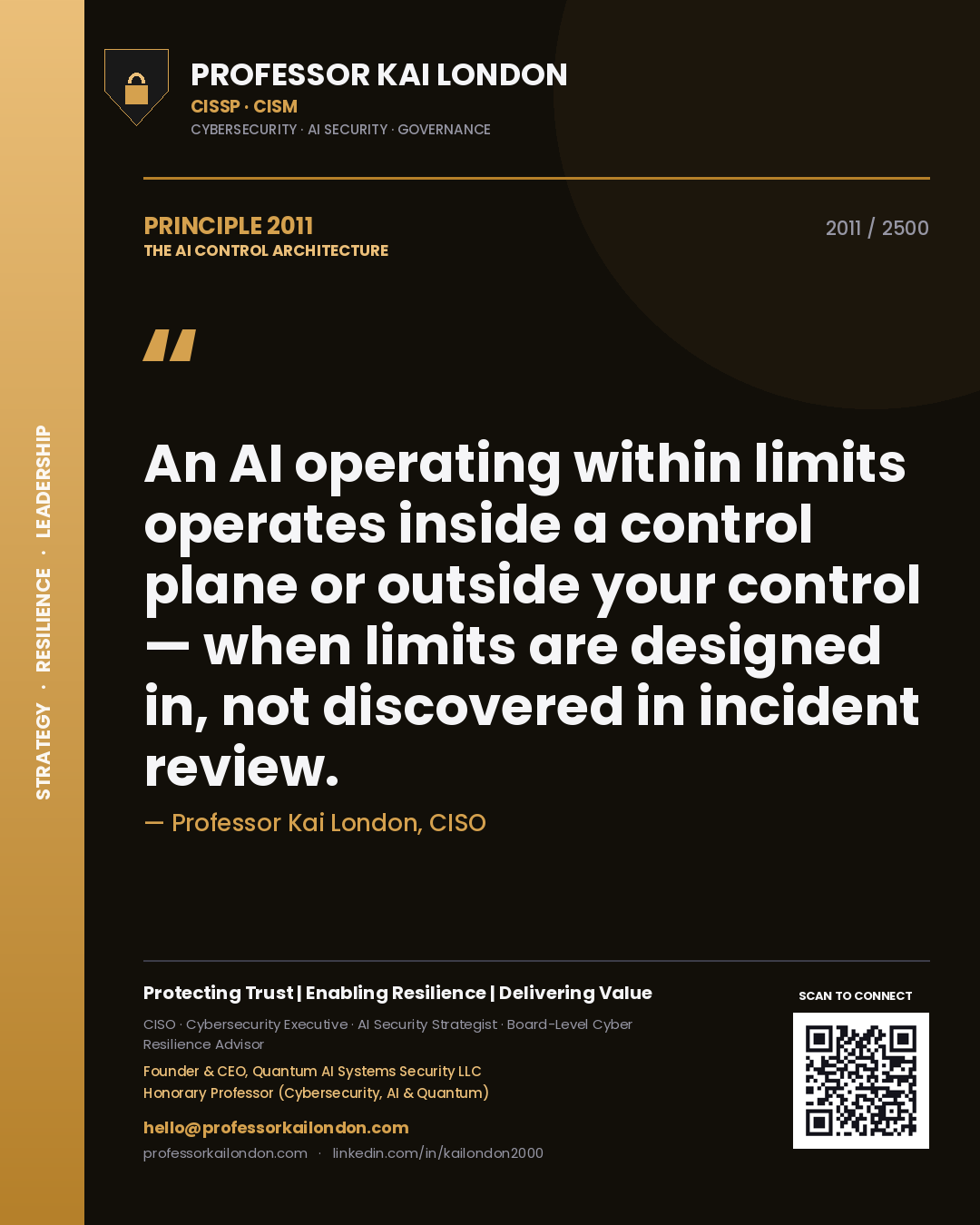 Quote card by Professor Kai London reading 'An AI operating within limits operates inside a control plane or outside your control — when limits are designed in, not discovered in incident review.'. From the book The AI Control Architecture.