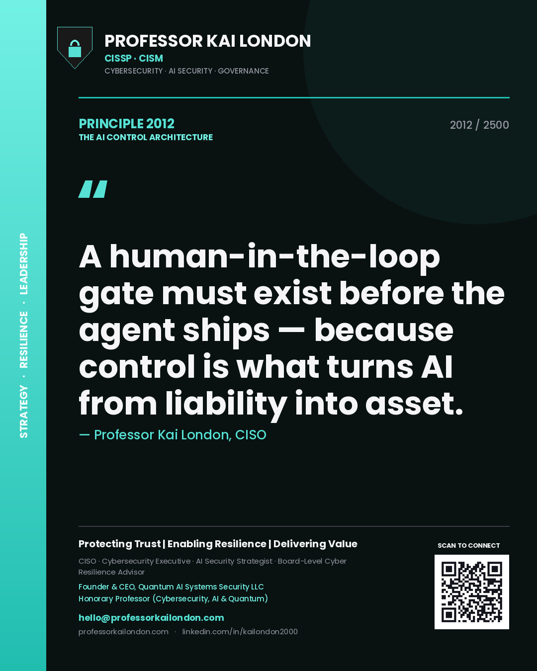 Professor Kai London principle 2012: A human-in-the-loop gate must exist before the agent ships — because control is what turns AI from liability into asset.