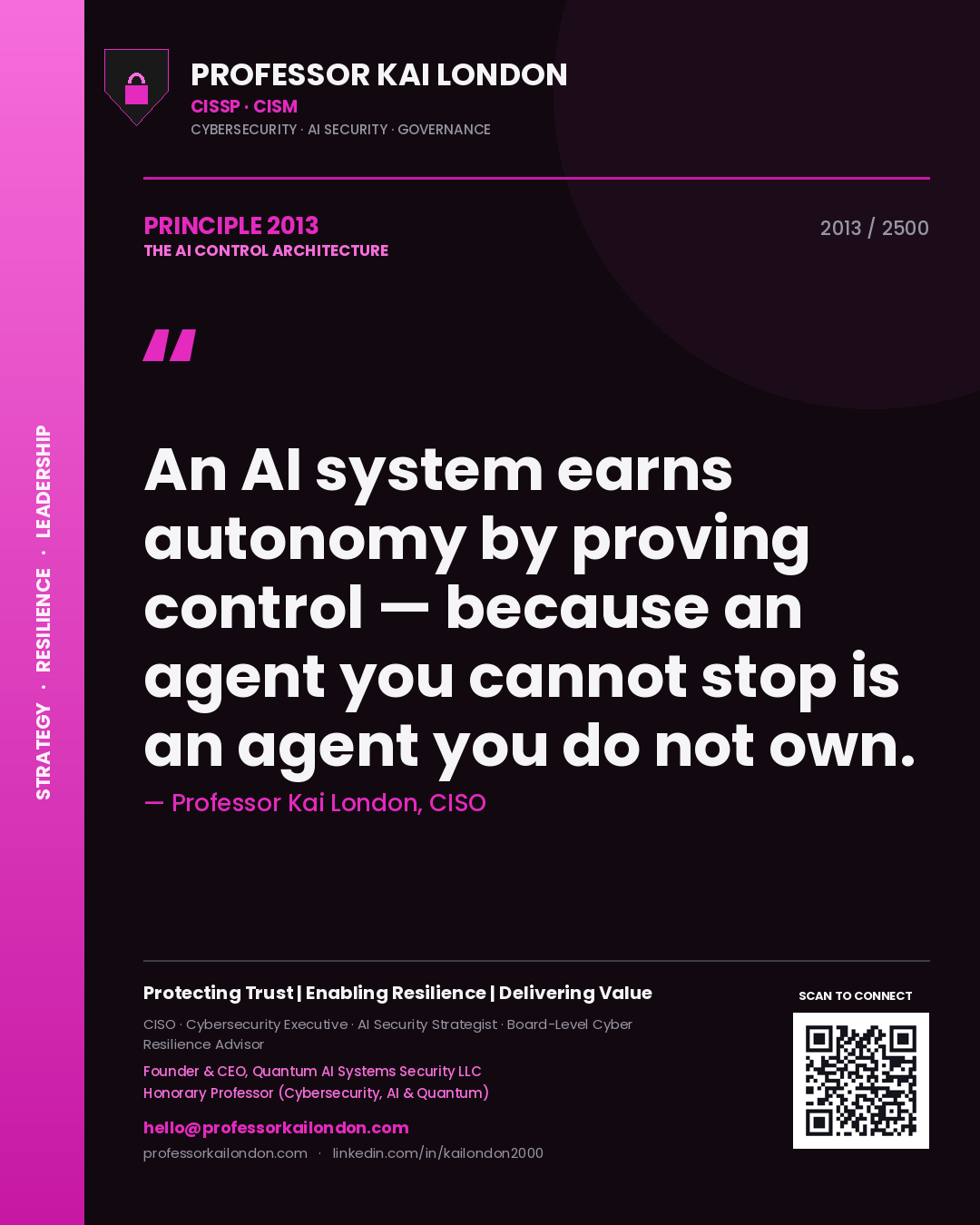 Quote card by Professor Kai London reading 'An AI system earns autonomy by proving control — because an agent you cannot stop is an agent you do not own.'. From the book The AI Control Architecture.