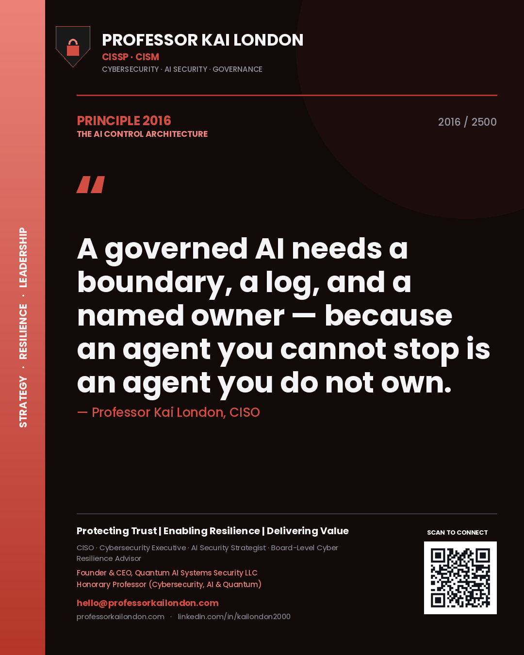 Quote card by Professor Kai London reading 'A governed AI needs a boundary, a log, and a named owner — because an agent you cannot stop is an agent you do not own.'. From the book The AI Control Architecture.