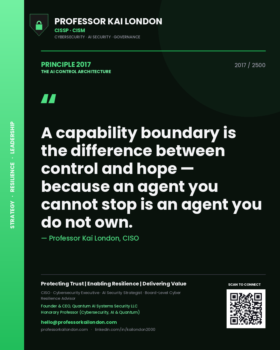 Professor Kai London principle 2017: A capability boundary is the difference between control and hope — because an agent you cannot stop is an agent you do not own.
