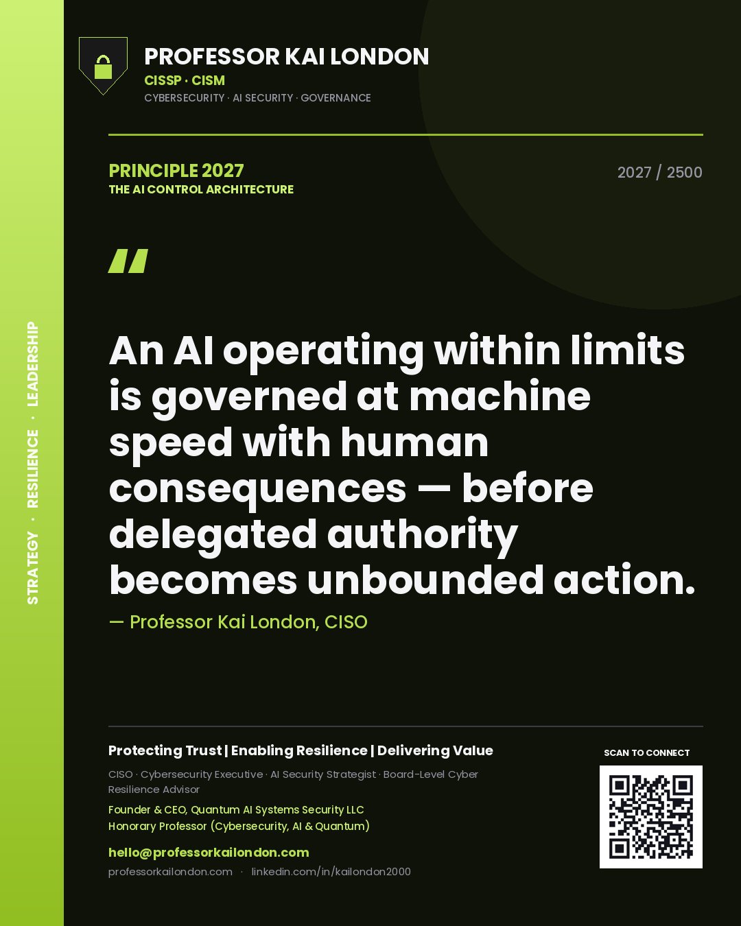 Quote card by Professor Kai London reading 'An AI operating within limits is governed at machine speed with human consequences — before delegated authority becomes unbounded action.'. From the book The AI Control Architecture.
