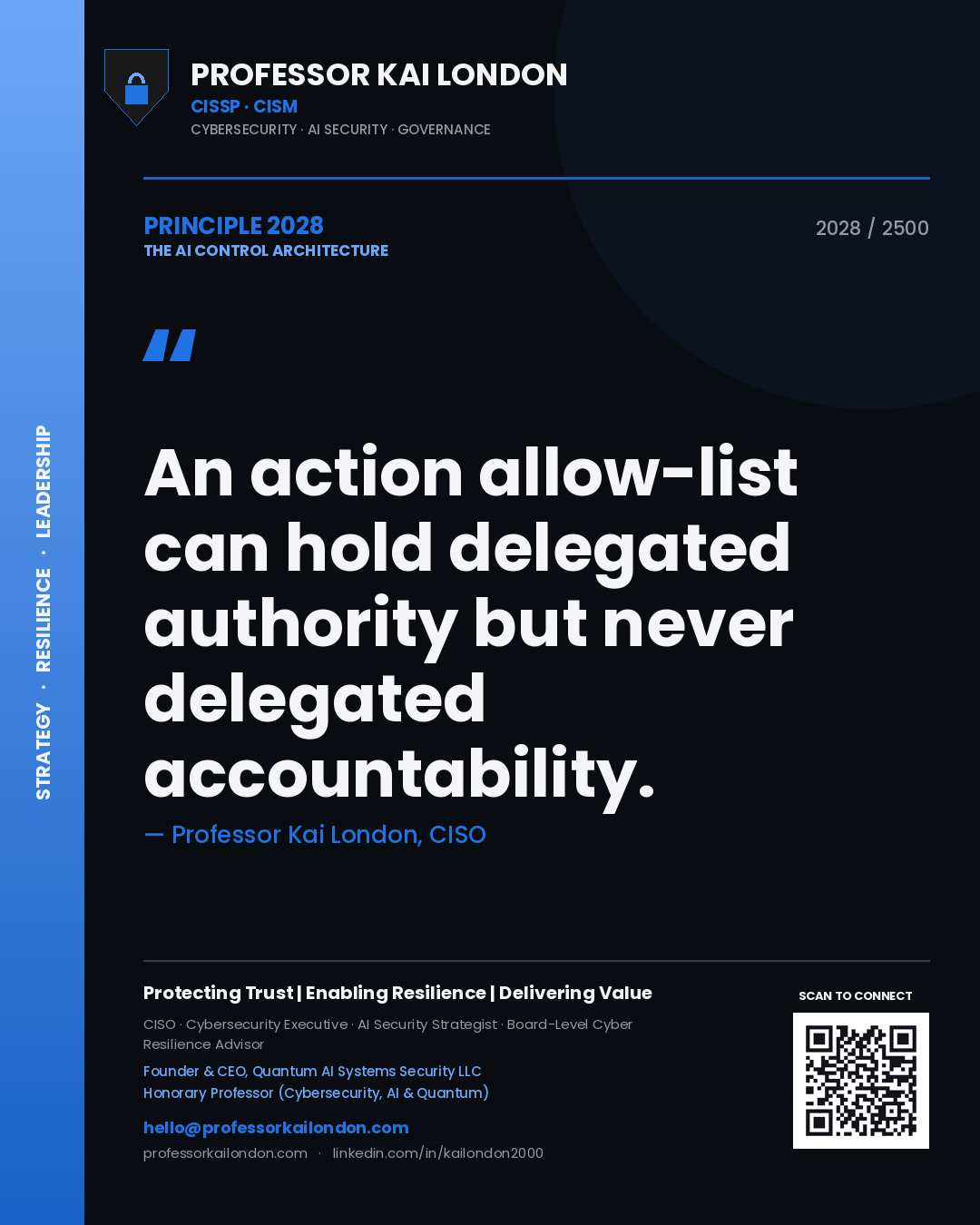 Professor Kai London principle 2028: An action allow-list can hold delegated authority but never delegated accountability.
