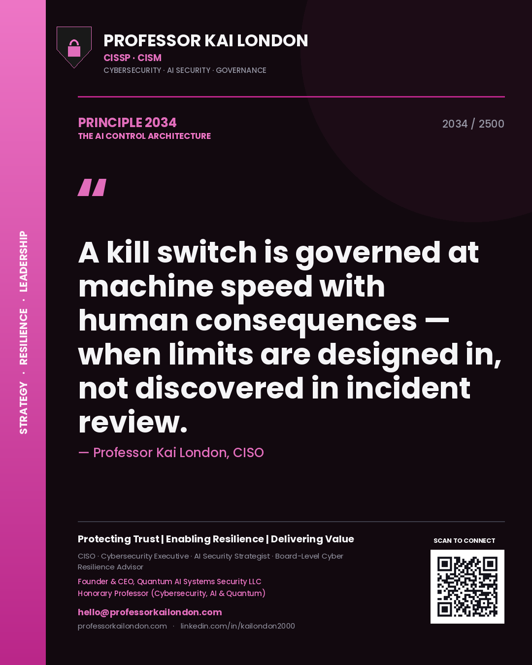 Professor Kai London principle 2034: A kill switch is governed at machine speed with human consequences — when limits are designed in, not discovered in incident review.