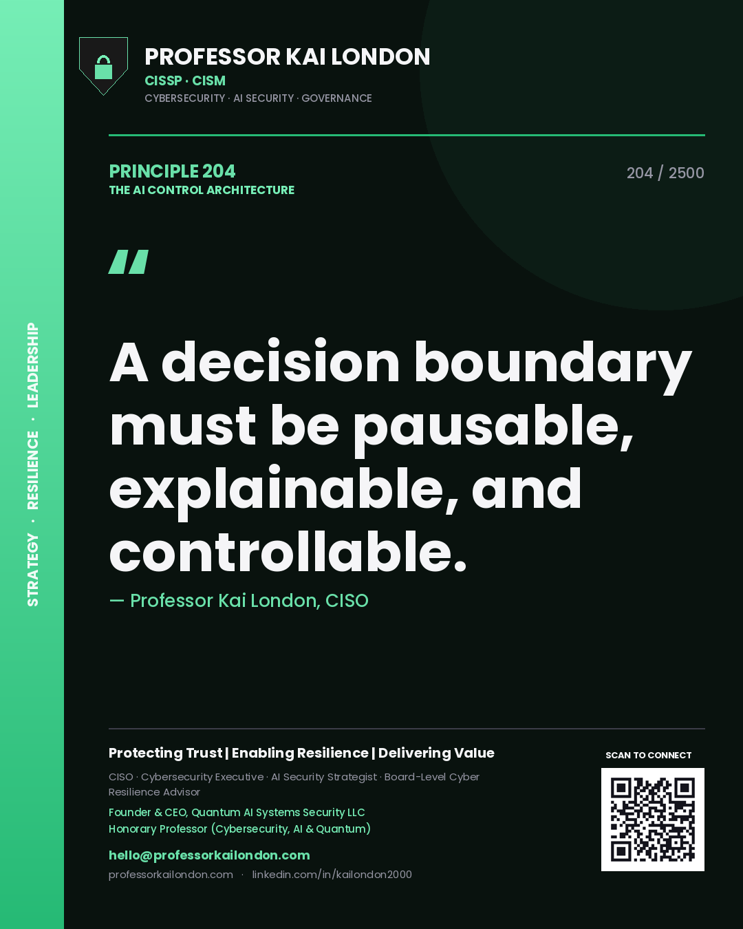 Quote card by Professor Kai London reading 'A decision boundary must be pausable, explainable, and controllable.'. From the book The AI Control Architecture.