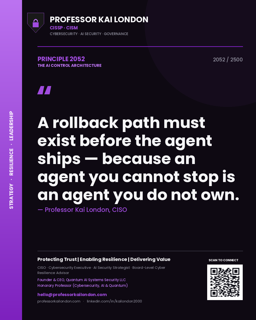 Quote card by Professor Kai London reading 'A rollback path must exist before the agent ships — because an agent you cannot stop is an agent you do not own.'. From the book The AI Control Architecture.