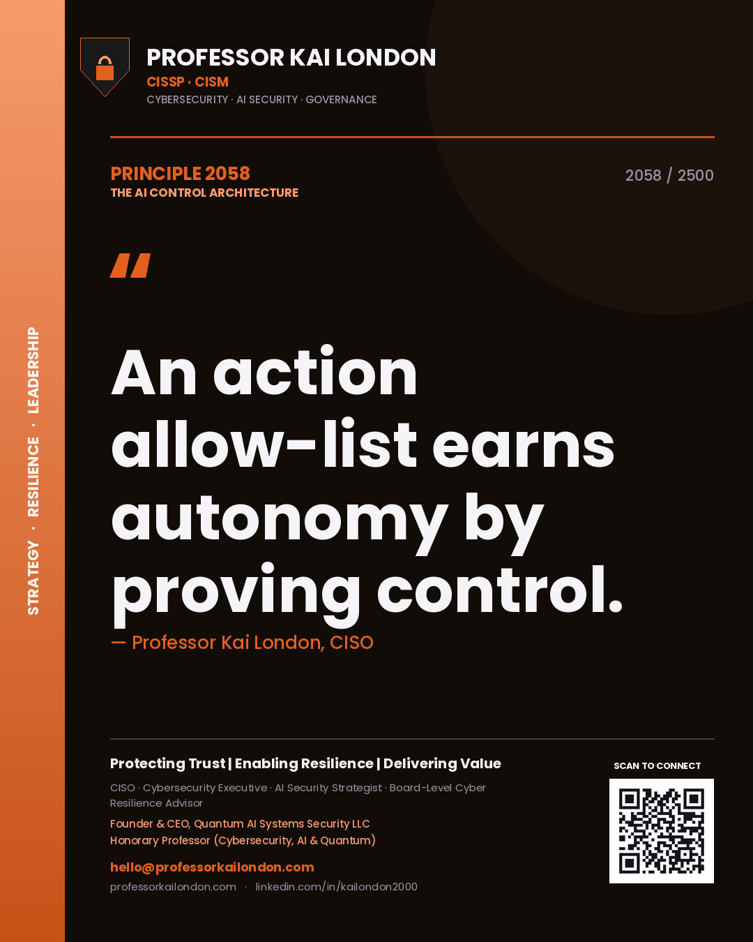 Professor Kai London principle 2058: An action allow-list earns autonomy by proving control.