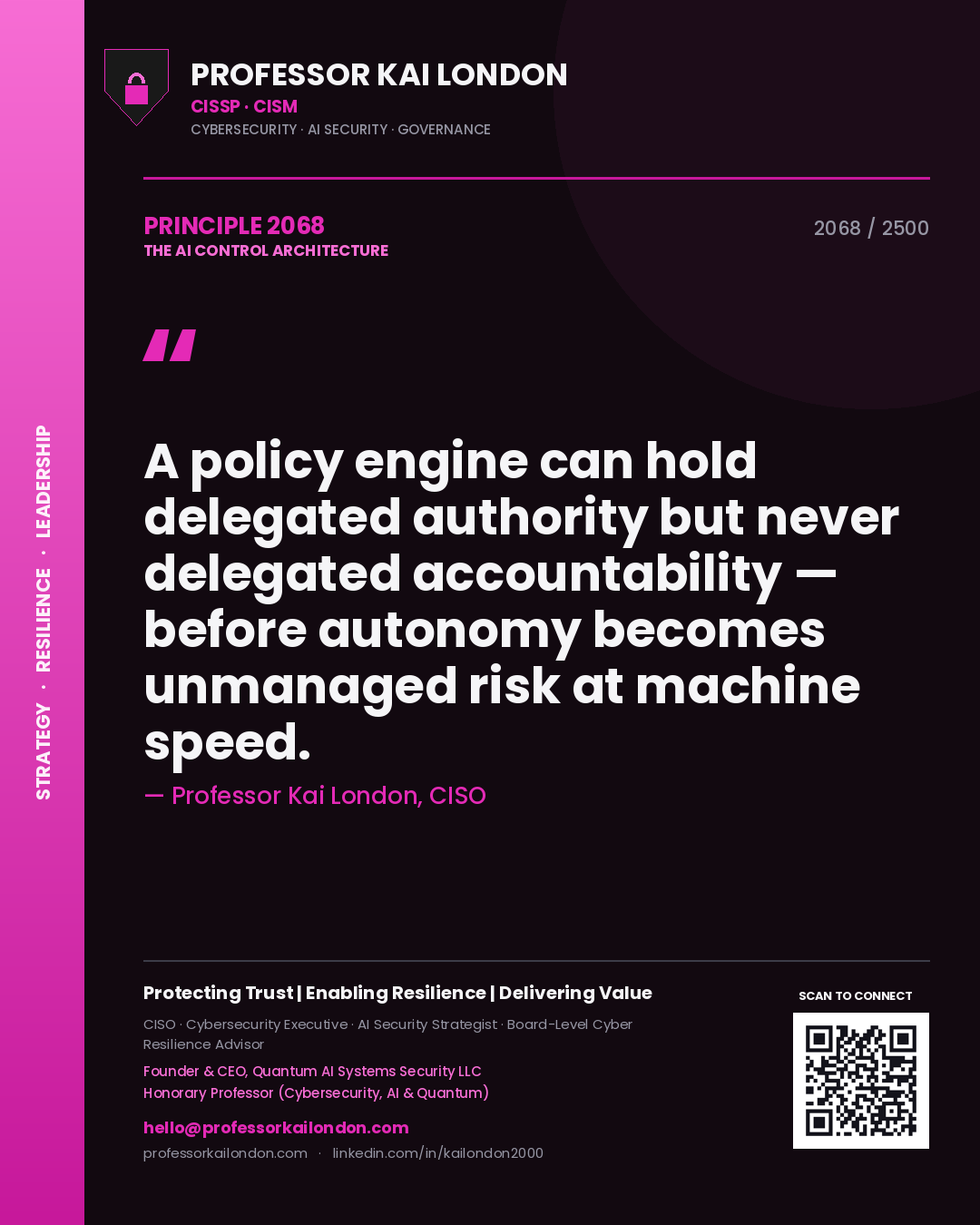 Professor Kai London principle 2068: A policy engine can hold delegated authority but never delegated accountability — before autonomy becomes unmanaged risk at machine speed.